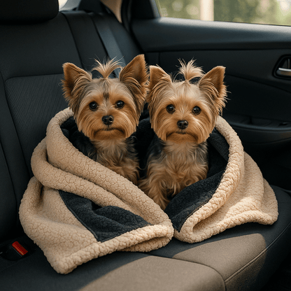 Couverture-imperméable-pour-chien-chiot-lavable en machine-double face molletonnée et polaire ultra-doux, polyvalente protège siège, canapé, voiture, cage, panier, lit, coussin pour chien de toute taille-hypoallergénique et résistant-de couleur gris dimensions de 100x70 cm-deux Yorshire assis et enveloppé au chaud dans leur couverture beige sur les sièges arrières de la voiture