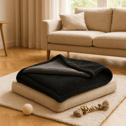 Couverture-imperméable-pour-chien-chiot-lavable en machine-double face molletonnée et polaire ultra-doux, polyvalente protège siège, canapé, voiture, cage, panier, lit, coussin pour chien de toute taille-hypoallergénique et résistant-de couleur noir dimensions de 100x70 cm-palid pour chien