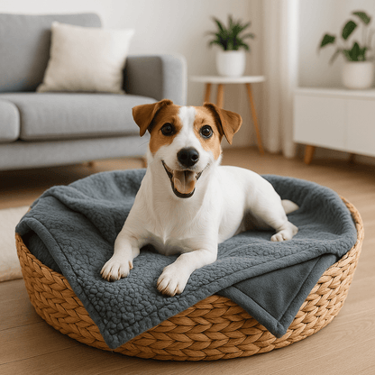 Couverture-imperméable-pour-chien-chiot-lavable en machine-double face molletonnée et polaire ultra-doux, polyvalente protège siège, canapé, voiture, cage, panier, lit, coussin pour chien de toute taille-hypoallergénique et résistant-de couleur gris dimensions de 100x70 cm-un petit chien heureux et couché confortablement sur sa couverture dans son panier dans le salon de l'appartement.