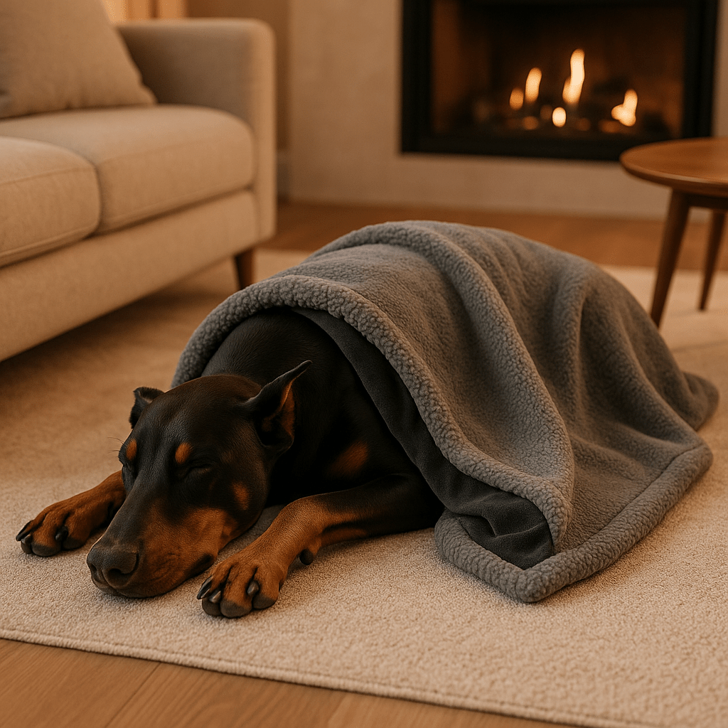 Couverture-imperméable-pour-chien-chiot-lavable en machine-double face molletonnée et polaire ultra-doux, polyvalente protège siège, canapé, voiture, cage, panier, lit, coussin pour chien de toute taille-hypoallergénique et résistant-de couleur gris dimensions de 100x70 cm-un grand chien qui dort paisiblement sous la couverture sur le sol du salon