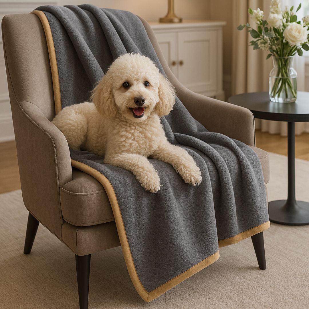 Couverture-imperméable-pour-chien-plaid-doux-double-face coton et sherpa chaud et respirant pour 4 saisons –réversible- protège meuble canapé, siège voiture, lit, panier, coussin, voyage, transport, cage pour chien de petite à moyenne taille lavable en machine, résistante aux griffes et morsures – un chien moyen couché confortablement sur sa couverture douillette et hypoallergénique sur le fauteuil du salon