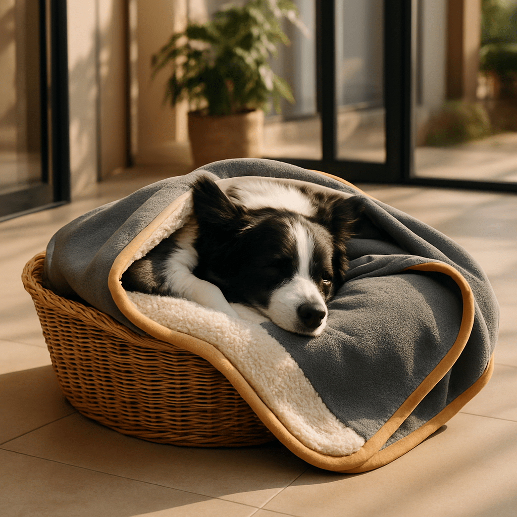 Couverture-imperméable-pour-chien-plaid-doux-double-face coton et sherpa chaud et respirant pour 4 saisons –reversible- protège meuble canapé, siège voiture, lit, panier, coussin, voyage, transport, cage pour chien de petite à moyenne taille lavable en machine, résistante aux griffes et morsures – un chien de taille moyenne qui dort enveloppé en boule au chaud dans sa couverture douillette et hypoallergénique dans son panier sur la terrasse de la maison