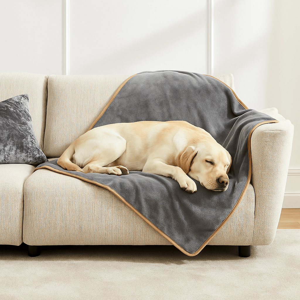 Couverture imperméable pour-chien-plaid-doux-double-face coton et sherpa chaud et respirant pour 4 saisons, protège meuble canapé, siège voiture, lit, panier, coussin, voyage, transport, cage pour chien de petite à moyenne taille lavable en machine, résistante aux griffes et morsures – un labrador qui dort au chaud dans sa couverture douillette et hypoallergénique sur le canapé du salon de l'appartement