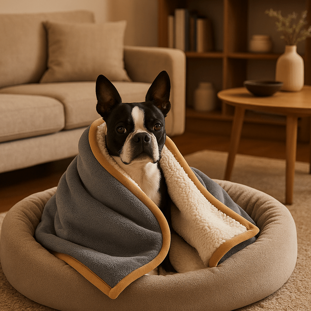 Couverture-imperméable-pour-chien-plaid-doux-double-face coton et sherpa chaud et respirant pour 4 saisons –reversible- protège meuble canapé, siège voiture, lit, panier, coussin, voyage, transport, cage pour chien de petite à moyenne taille lavable en machine, résistante aux griffes et morsures – un Boston Terrier assis et enveloppé au chaud dans sa couverture douillette et hypoallergénique dans coussin rond dans le salon de l'appartement