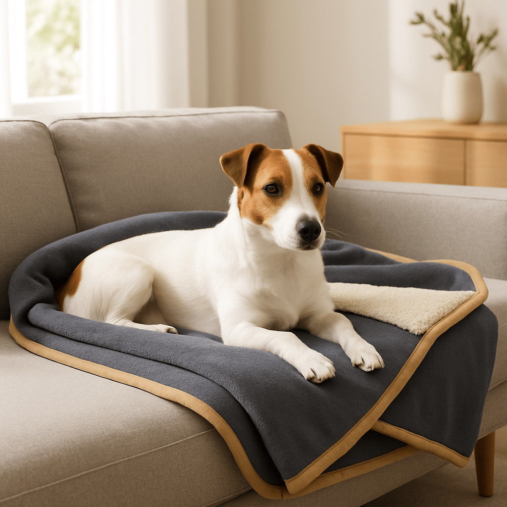 Couverture-imperméable-pour-chien-plaid-doux-double-face coton et sherpa chaud et respirant pour 4 saisons –réversible- protège meuble canapé, siège voiture, lit, panier, coussin, voyage, transport, cage pour chien de petite à moyenne taille lavable en machine, résistante aux griffes et morsures – un petit chien couché confortablement sur sa couverture réversible douillette et hypoallergénique sur le canapé du salon