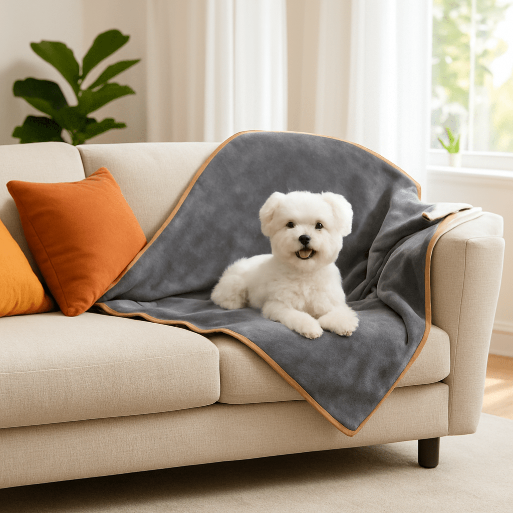 Couverture-imperméable-pour-chien-plaid-doux-double-face coton et sherpa chaud et respirant pour 4 saisons –réversible- protège meuble canapé, siège voiture, lit, panier, coussin, voyage, transport, cage pour chien de petite à moyenne taille lavable en machine, résistante aux griffes et morsures – un Coton de Tuléar cpuché confortablement sur sa couverture douillette et hypoallergénique sur le canapé du salon de la maison