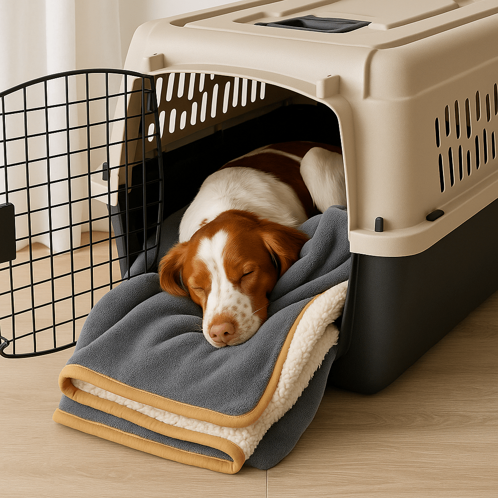 Couverture-imperméable-pour-chien-plaid-doux-double-face coton et sherpa chaud et respirant pour 4 saisons –réversible- protège meuble canapé, siège voiture, lit, panier, coussin, voyage, transport, cage pour chien de petite à moyenne taille lavable en machine, résistante aux griffes et morsures – un Épagneul breton au chaud sur sa couverture douillette et hypoallergénique dans sa cage de transport