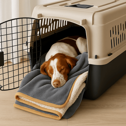 Couverture-imperméable-pour-chien-plaid-doux-double-face coton et sherpa chaud et respirant pour 4 saisons –réversible- protège meuble canapé, siège voiture, lit, panier, coussin, voyage, transport, cage pour chien de petite à moyenne taille lavable en machine, résistante aux griffes et morsures – un Épagneul breton au chaud sur sa couverture douillette et hypoallergénique dans sa cage de transport