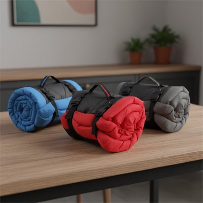 Couverture-imperméable-pour-chien-chiot-pliable avec sangle et clips de fermeture avec poignée de transport intégré-laavable en machine-résistant aux griffes et morsures-anti poils et saletés avec son tissu 300D Oxford et rembourrage 100% coton haute densité pour un confort optimal-utilisable partout pour protéger meubles, canapé, siège de voiture ou en coussin rectangulaire pour panier, cage, niche, etc.-disponible en 3 couleurs belu, gris et rouge-photo des couverture pliées clipsées avec sa poignée