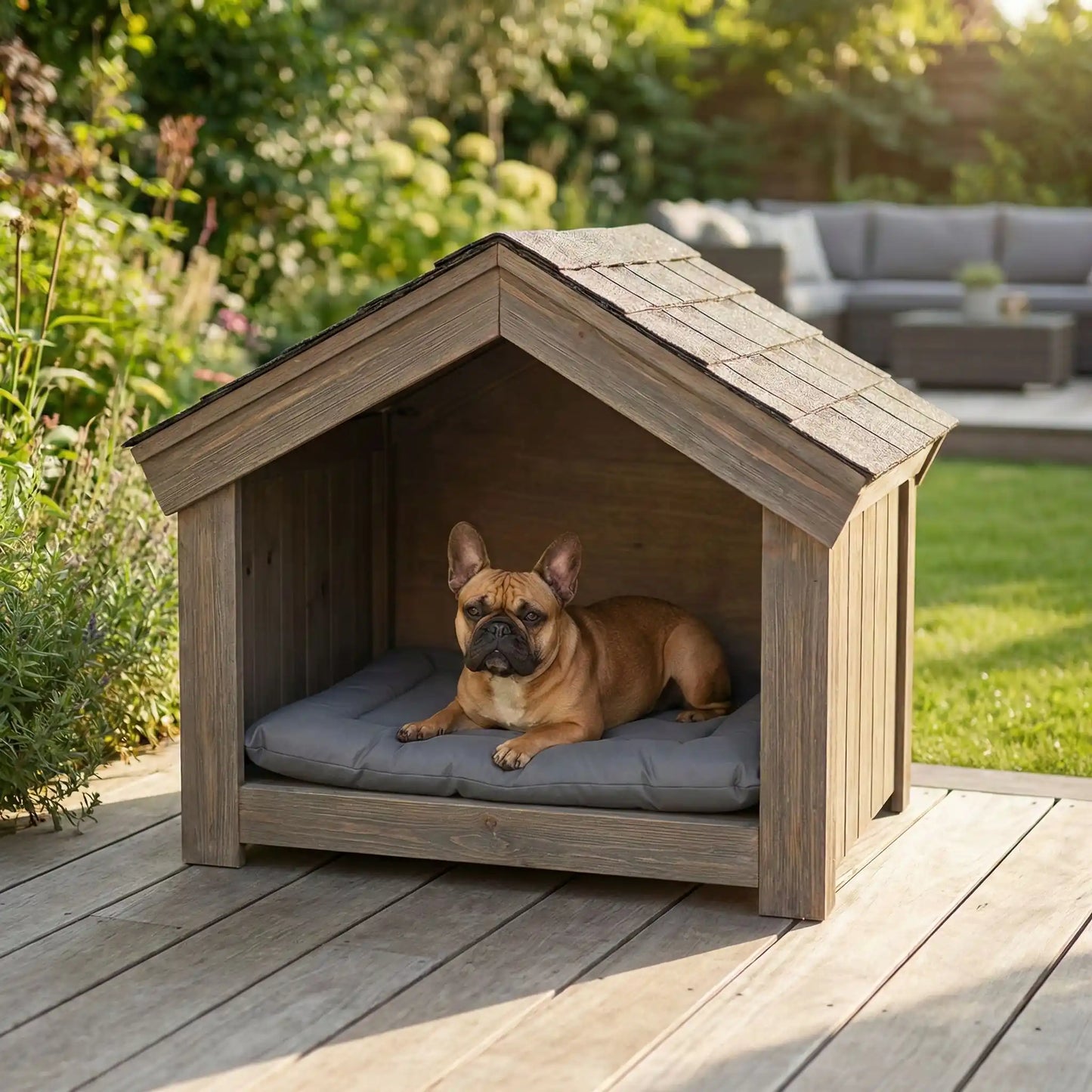 Couverture-imperméable-pour-chien-chiot-pliable avec sangle et clips de fermeture qui le transforme en sac avec poignée de transport intégré-résistant aux griffes et morsures-anti poils et saletés avec son tissu 300D Oxford et rembourrage 100% coton haute densité pour un confort optimal-utilisable partout pour protéger meubles, canapé, siège de voiture ou en coussin rectangulaire pour panier, cage, niche, etc.-un bouledogue couché sur la couverture dans sa niche en bois dans le jardin