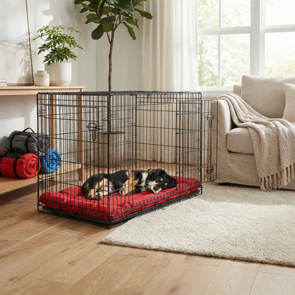 Couverture-imperméable-pour-chien-chiot-pliable avec sangle et clips de fermeture qui le transforme en sac avec poignée de transport intégré-résistant aux griffes et morsures-anti poils et saletés avec son tissu 300D Oxford et rembourrage 100% coton haute densité pour un confort optimal-utilisable partout pour protéger meubles, canapé, siège de voiture ou en coussin rectangulaire pour panier, cage, niche, etc.-un Bouvier bernois qui dort paisiblement sur la couverture épaisse imperméable dans sa cage