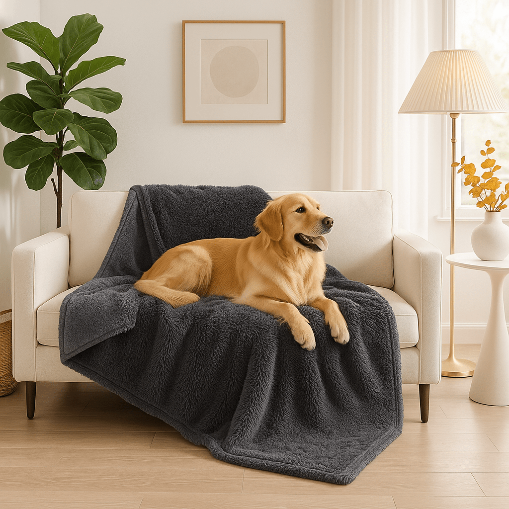 Couverture-imperméable-pour-chien-chiot-polaire-double-face : sherpa et fausse fourrure douce et résistante aux griffes-protège canapé et meubles, polyvalente pour maison, panier, lit, et transport, cage, voiture comme protège sièges et coffres, anti poils lavable en machine à laver-en 4 tailles S, M, L et XL ou XXL pour petit à grands chiens ou grande surface-un grand chien couché sur la couverture douce grise sur le canapé de l'appartement