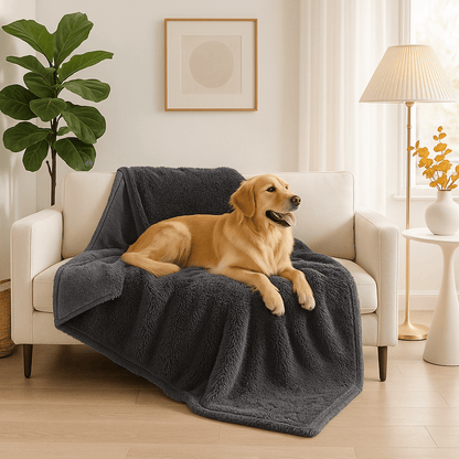 Couverture-imperméable-pour-chien-chiot-polaire-double-face : sherpa et fausse fourrure douce et résistante aux griffes-protège canapé et meubles, polyvalente pour maison, panier, lit, et transport, cage, voiture comme protège sièges et coffres, anti poils lavable en machine à laver-en 4 tailles S, M, L et XL ou XXL pour petit à grands chiens ou grande surface-un grand chien couché sur la couverture douce grise sur le canapé de l'appartement