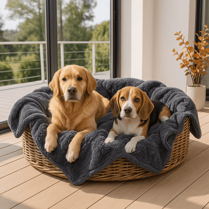 Couverture-imperméable-pour-chien-chiot-polaire-double-face : sherpa et fausse fourrure douce et résistante aux griffes-protège canapé et meubles, polyvalente pour maison, panier, lit, et transport, cage, voiture comme protège sièges et coffres, anti poils lavable en machine à laver-en 4 tailles S, M, L et XL ou XXL pour petit à grands chiens ou grande surface-deux chiens couché paisiblement enveloppés dans la couverture douce grise dans leur panier rond en osier sur la terrasse de l'appartement