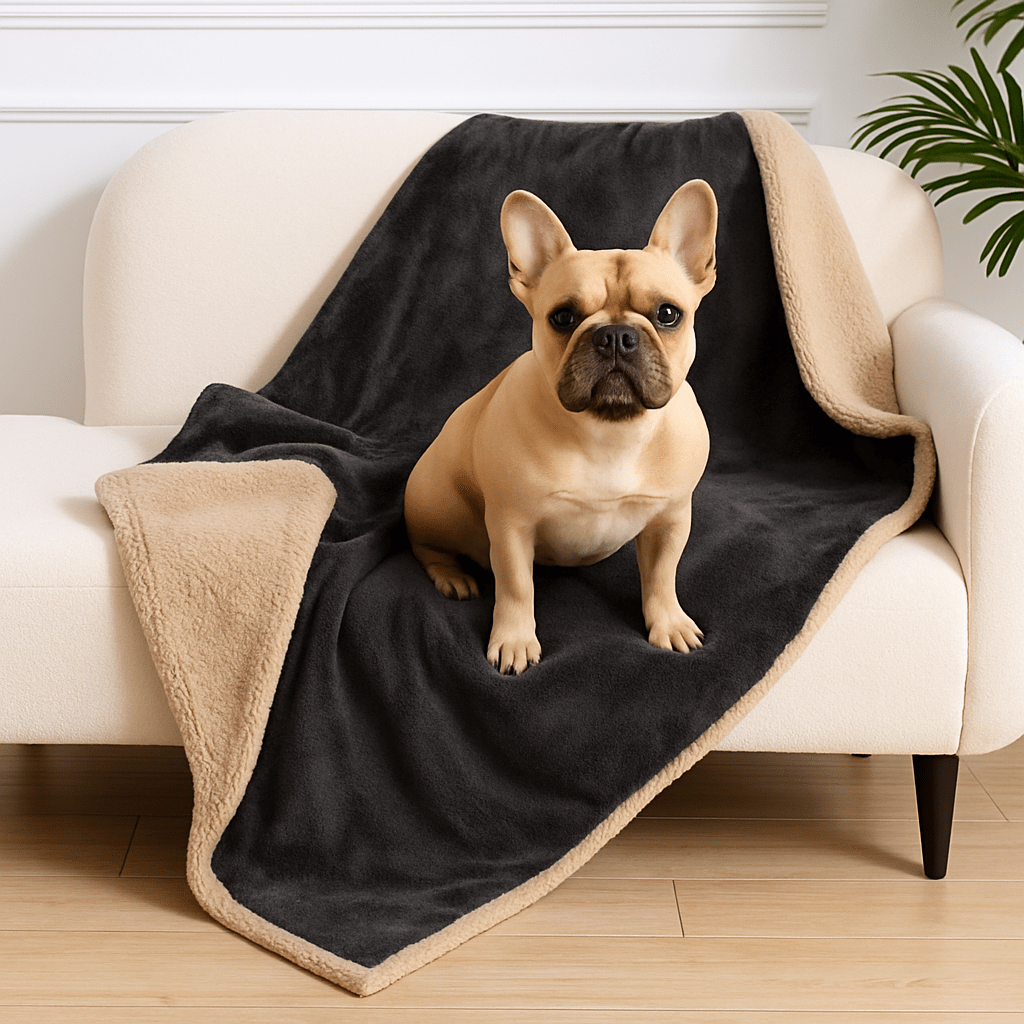 Couverture-imperméable-pour-chien-chiot-lavable en machine-double face molletonnée et polaire ultra-doux, polyvalente protège siège, canapé, voiture, cage, panier, lit, coussin pour chien de toute taille-hypoallergénique et résistant-de couleur gris dimensions de 100x70 cm-un chien de taille moyenne assis sur la couverture polaire en protège-canapé