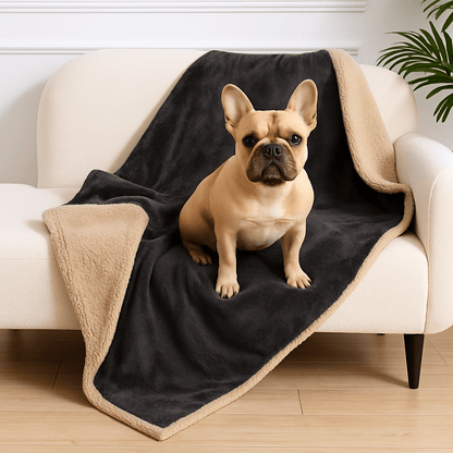 Couverture-imperméable-pour-chien-chiot-lavable en machine-double face molletonnée et polaire ultra-doux, polyvalente protège siège, canapé, voiture, cage, panier, lit, coussin pour chien de toute taille-hypoallergénique et résistant-de couleur gris dimensions de 100x70 cm-un chien de taille moyenne assis sur la couverture polaire en protège-canapé