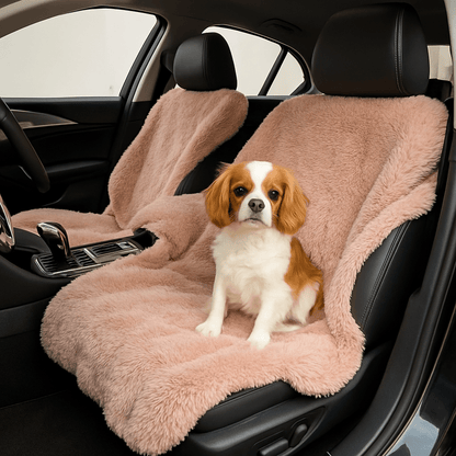 Couverture-imperméable-pour-chien-chiot-polaire-double-face : sherpa et fausse fourrure douce et résistante aux griffes-protège canapé et meubles, polyvalente pour maison, panier, lit, et transport, cage, voiture comme protège sièges et coffres, anti poils lavable en machine à laver-en 4 tailles S, M, L et XL ou XXL pour petit à grands chiens ou grande surface-un Cavalier King Charles assis confortablement sur la couverture rose qui protège les sièges de la voiture