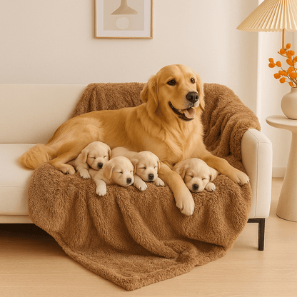 Couverture-imperméable-pour-chien-chiot-polaire-double-face : sherpa et fausse fourrure douce et résistante aux griffes-protège canapé et meubles, polyvalente pour maison, panier, lit, et transport, cage, voiture comme protège sièges et coffres, anti poils lavable en machine à laver-en 4 tailles S, M, L et XL ou XXL pour petit à grands chiens ou grande surface-un grand chien couché avec ses petits sur la grande couverture douce marron qui protège le canapé de l'humidité et des taches et des accidents