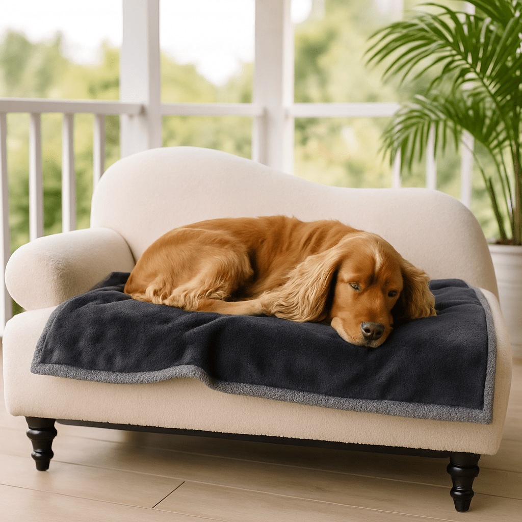 Couverture-imperméable-pour-chien-chiot-lavable en machine-double face molletonnée et polaire ultra-doux, polyvalente protège siège, canapé, voiture, cage, panier, lit, coussin pour chien de toute taille-hypoallergénique et résistant-de couleur gris dimensions de 100x70 cm-un chien moyen qui dort paisiblement sur la couverture sur son canapé sur la terrasse de la maison