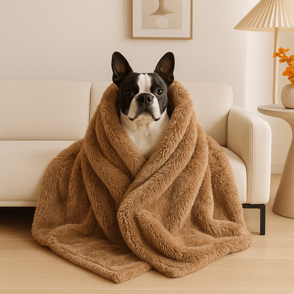 Couverture-imperméable-pour-chien-chiot-polaire-double-face : sherpa et fausse fourrure douce et résistante aux griffes-protège canapé et meubles, polyvalente pour maison, panier, lit, et transport, cage, voiture comme protège sièges et coffres, anti poils lavable en machine à laver-en 4 tailles S, M, L et XL ou XXL pour petit à grands chiens ou grande surface-un chien de taille moyenne assis et détendu qui se réchauffe dans la grande couverture douce de couleur marron dans le salon de l'appartement