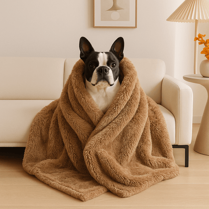 Couverture-imperméable-pour-chien-chiot-polaire-double-face : sherpa et fausse fourrure douce et résistante aux griffes-protège canapé et meubles, polyvalente pour maison, panier, lit, et transport, cage, voiture comme protège sièges et coffres, anti poils lavable en machine à laver-en 4 tailles S, M, L et XL ou XXL pour petit à grands chiens ou grande surface-un chien de taille moyenne assis et détendu qui se réchauffe dans la grande couverture douce de couleur marron dans le salon de l'appartement