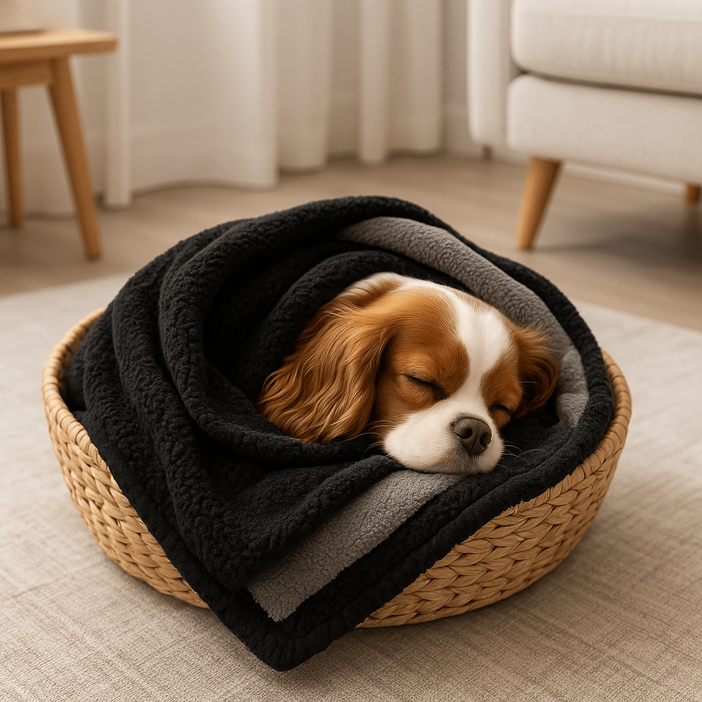 Couverture-imperméable-pour-chien-chiot-lavable en machine-double face molletonnée et polaire ultra-doux, polyvalente protège siège, canapé, voiture, cage, panier, lit, coussin pour chien de toute taille-hypoallergénique et résistant-de couleur noir dimensions de 100x70 cm-un chien à longues oreilles qui dort paisiblement, emmitouflé dans sa couverture chaude dans son panier en osier dans la chambre de la maison 