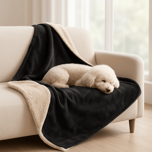 Couverture-imperméable-pour-chien-chiot-lavable en machine-double face molletonnée et polaire ultra-doux, polyvalente protège siège, canapé, voiture, cage, panier, lit, coussin pour chien de toute taille-hypoallergénique et résistant-de couleur noir dimensions de 100x70 cm-un petit chien qui dort paisiblement sur la couverture sur le canapé du salon de l'appartement