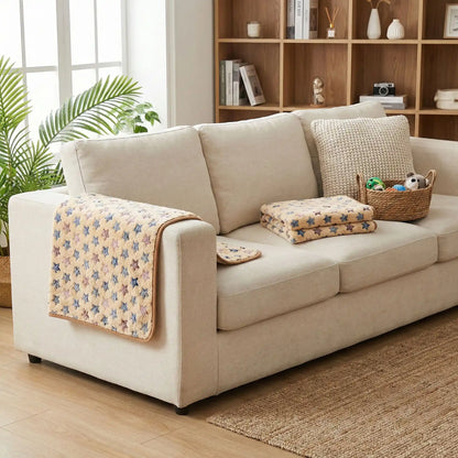 Couverture-polaire-pour-chien-lot-de-2 en coton, laine et polyester, ultra-douce, chaude et respirante, résistante aux griffes et morsures légère, lavable en machine et compatible sèche-linge, hypoallergénique, coutures soignées et solides en 3 tailles S, M et L pour chien de petite, moyenne à grande taille -2 tailles S et L pour chien de petite à grande taille-de couleur beige au motif d'étoiles