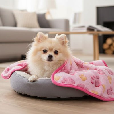 Couverture-polaire-pour-chien-lot-de-2 en coton, laine et polyester, ultra-douce, chaude et respirante, résistante aux griffes et morsures légère, lavable en machine et compatible sèche-linge, hypoallergénique, coutures soignées et solides en 3 tailles S, M et L pour chien de petite, moyenne à grande taille-un Chihuahua couché dans son coussin et enveloppé de la couverture polaire rose au motif mignon de pattes de chien dans le salon de la maison