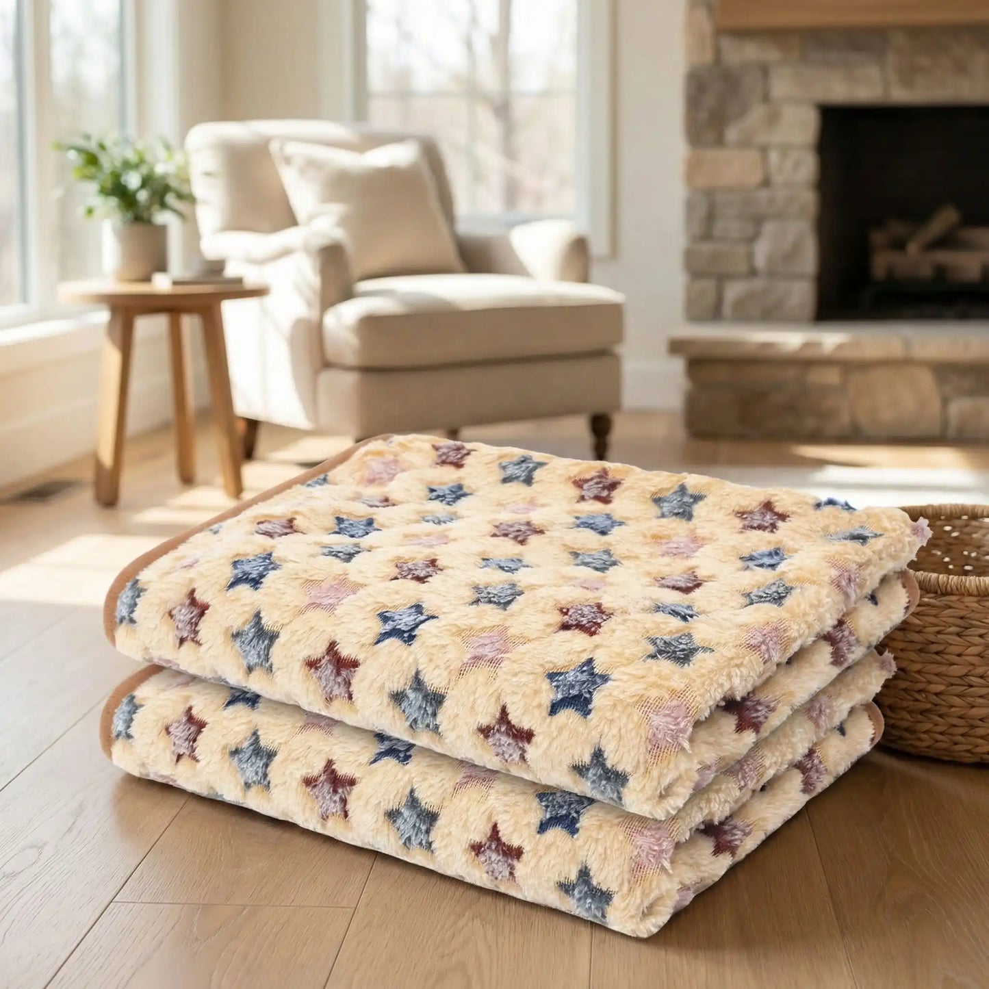 Couverture-polaire-pour-chien-lot-de-2 en coton, laine et polyester, ultra-douce, chaude et respirante, résistante aux griffes et morsures légère, lavable en machine et compatible sèche-linge, hypoallergénique, coutures soignées et solides en 3 tailles S, M et L pour chien de petite à moyenne taille de 0 à 20 kg-2 tailles S et L pour chien de petite à grande taille-de couleur beige au motif d'étoiles 