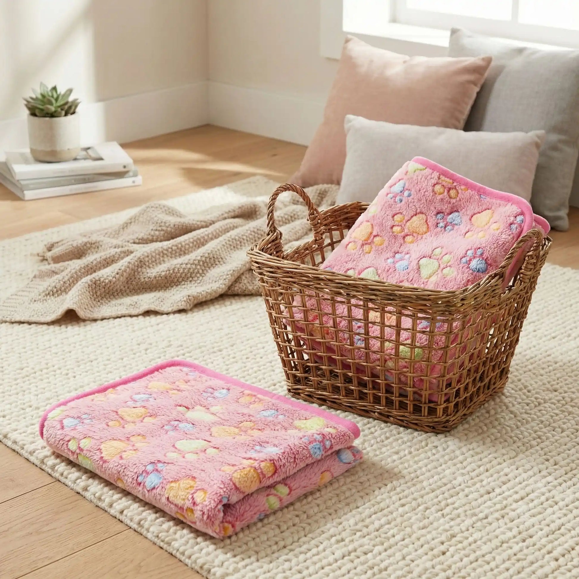 Couverture-polaire-pour-chien-lot-de-2 en coton, laine et polyester, ultra-douce, chaude et respirante, résistante aux griffes et morsures légère, lavable en machine et compatible sèche-linge, hypoallergénique, coutures soignées et solides en 3 tailles S, M et L pour chien de petite, moyenne et grande taille -2 tailles S et L pour chien de petite à grande taille-de couleur rose au motif de pattes de chiens