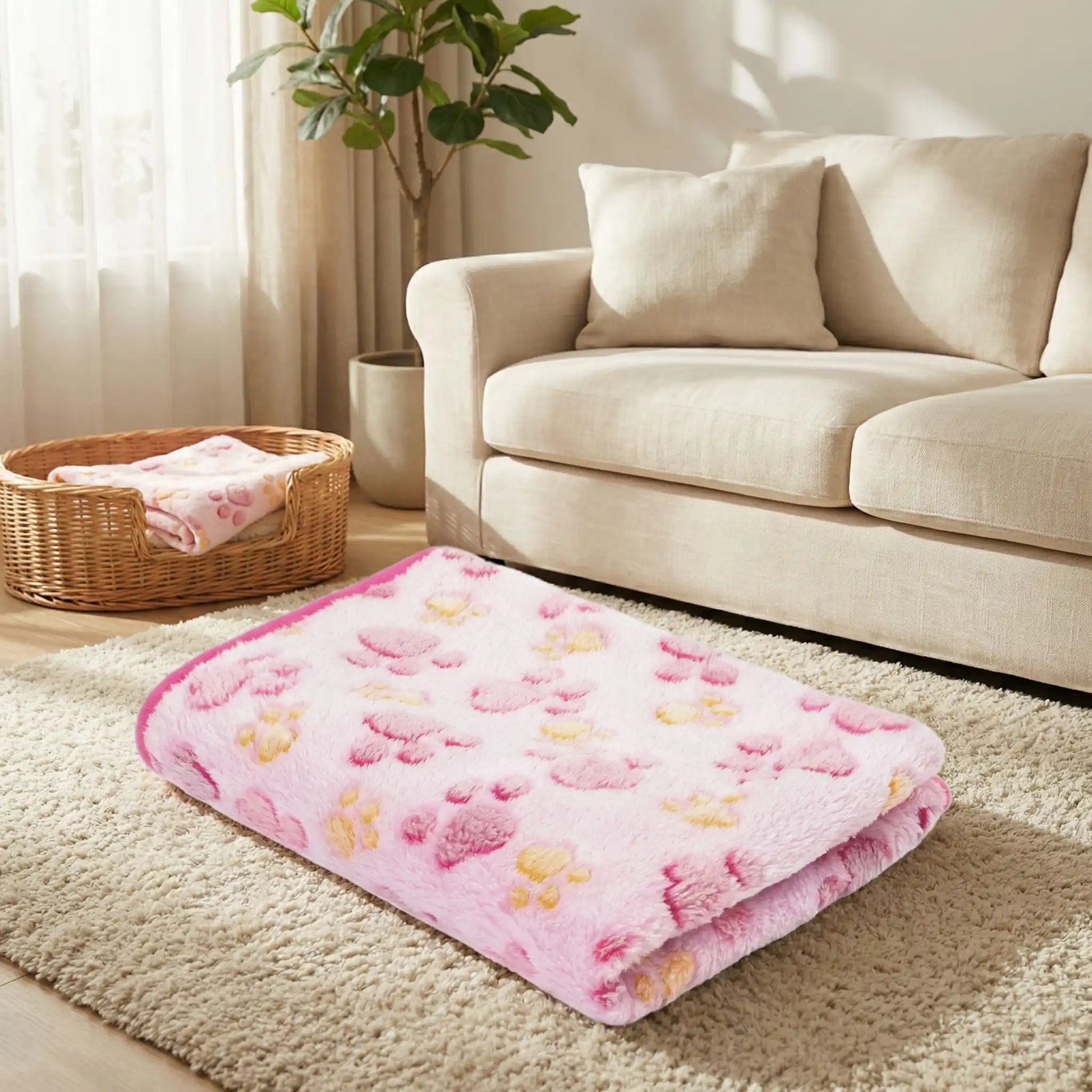 Couverture-polaire-pour-chien-lot-de-2 en coton, laine et polyester, ultra-douce, chaude et respirante, résistante aux griffes et morsures légère, lavable en machine et compatible sèche-linge, hypoallergénique, coutures soignées et solides en 3 tailles S, M et L pour chien de petite à moyenne taille de 0 à 20 kg-2 tailles S et L pour chien de petite à grande taille-de couleur rose au motif de pattes de chiens