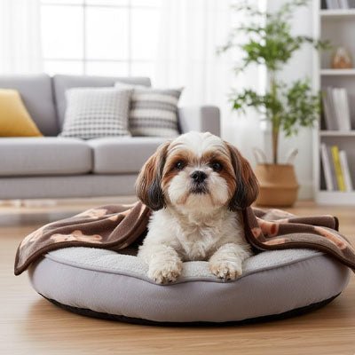 Couverture-polaire-pour-chien-lot-de-2 en coton, laine et polyester, ultra-douce, chaude et respirante, résistante aux griffes et morsures légère, lavable en machine et compatible sèche-linge, hypoallergénique, coutures soignées et solides en 3 tailles S, M et L pour chien de petite, moyenne à grande taille-un Shih Tzu couché dans son panier enveloppé de la couverture polaire marron au motif mignon d'ours