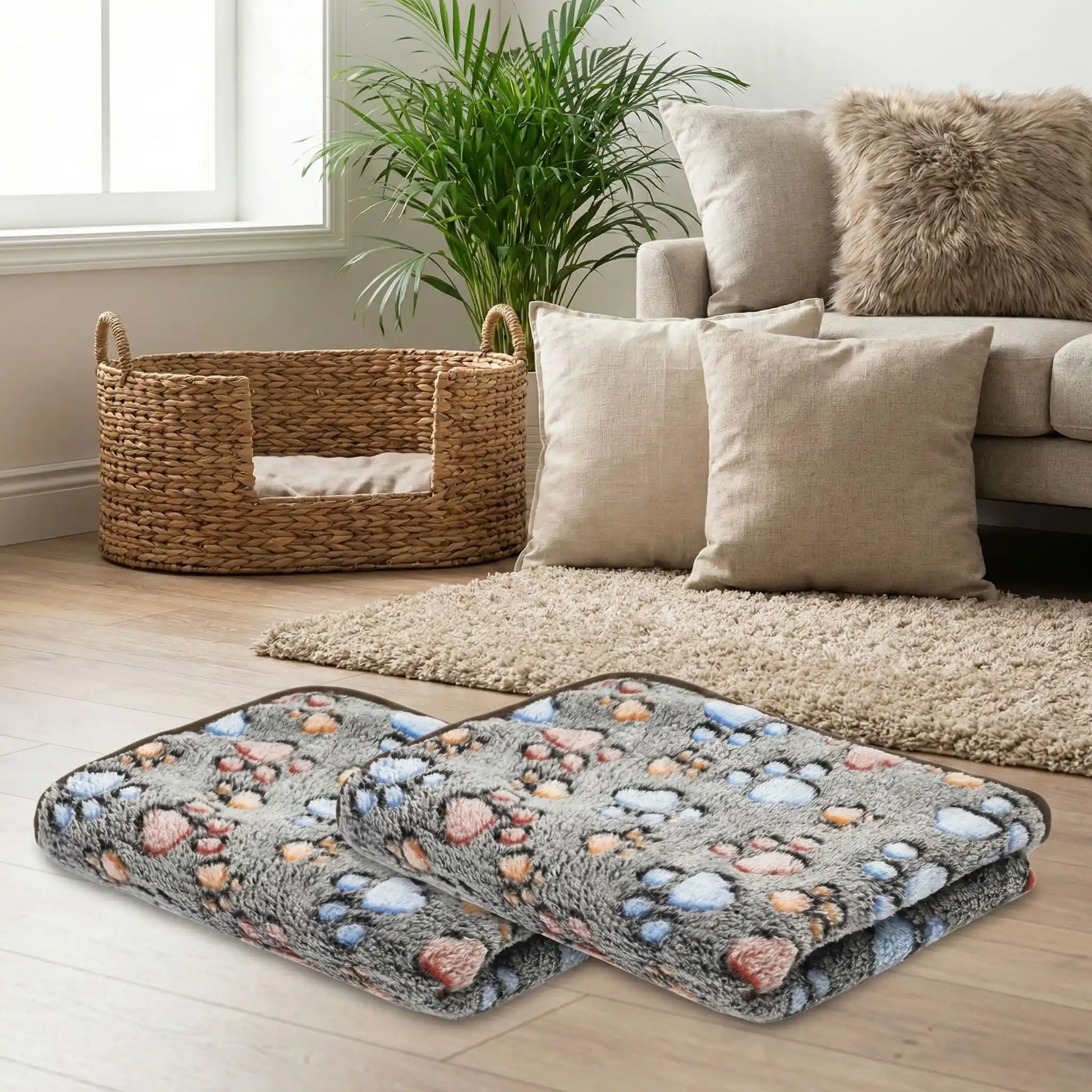 Couverture-polaire-pour-chien-lot-de-2 en coton, laine et polyester, ultra-douce, chaude et respirante, résistante aux griffes et morsures légère, lavable en machine et compatible sèche-linge, hypoallergénique, coutures soignées et solides en 3 tailles S, M et L pour chien de petite à moyenne taille de 0 à 20 kg-2 tailles S et L pour chien de petite à grande taille-de couleur gris au motif de pattes de chiens