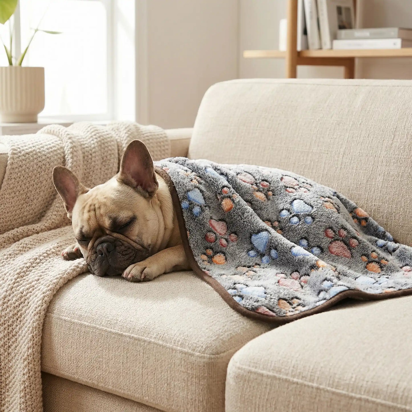 Couverture-polaire-pour-chien-lot-de-2 en coton, laine et polyester, ultra-douce, chaude et respirante, résistante aux griffes et morsures légère, lavable en machine et compatible sèche-linge, hypoallergénique, coutures soignées et solides en 3 tailles S, M et L pour chien de petite à moyenne et grande taille-2 tailles S et L pour chien de petite à grande taille-un petit chien qui dort paisiblement sous la couverture grise chaude en polaire sur le canapé du salon