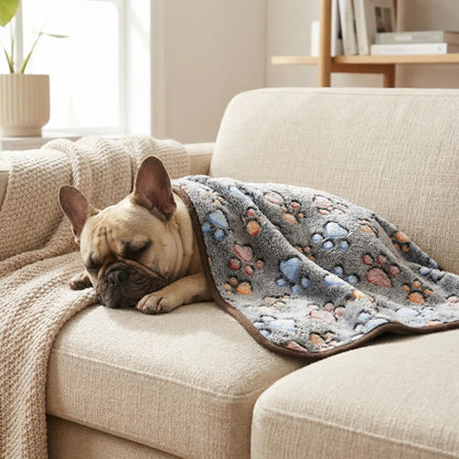 Couverture-polaire-pour-chien-lot-de-2 en coton, laine et polyester, ultra-douce, chaude et respirante, résistante aux griffes et morsures légère, lavable en machine et compatible sèche-linge, hypoallergénique, coutures soignées et solides en 3 tailles S, M et L pour chien de petite à moyenne et grande taille-2 tailles S et L pour chien de petite à grande taille-un petit chien qui dort paisiblement sous la couverture grise chaude en polaire sur le canapé du salon