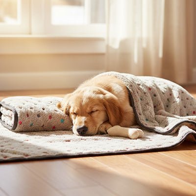 Couverture-pour-chien-chaude-lot de 2 couvertures polaire ultra-douce en coton, 2 tailles : M et L pour toute taille de chien-solide et résistante, polyvalente et lavable en machine-un Golden Retriever qui dort paisiblement sur sa grande couverture sur le sol du salon et l'autre couverture sur lui au chaud de couleur marron