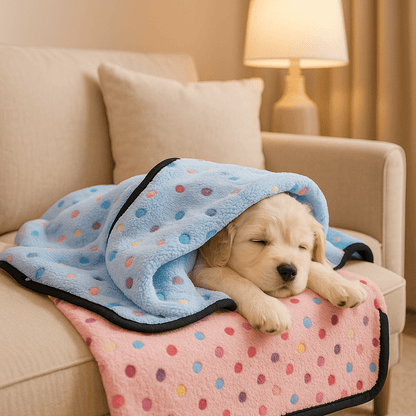 Couverture-pour-chien-chaude-lot de 2 couvertures polaire ultra-douce en coton, 2 tailles : M et L pour toute taille de chien-solide et résistante, polyvalente et lavable en machine-un bébé chien qui dort paisiblement sur sa grande couverture sur le canapé du salon et l'autre couverture sur lui au chaud 