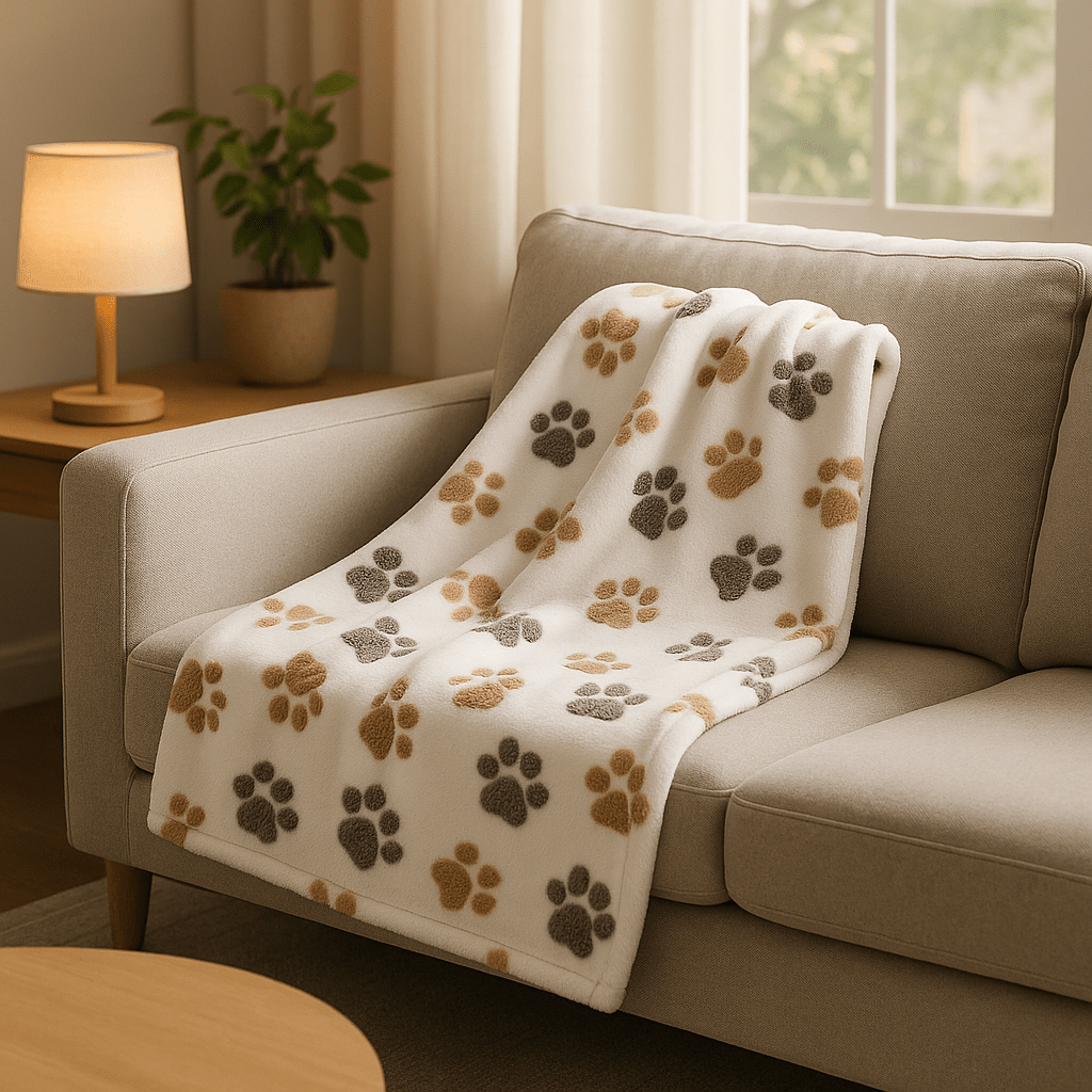 Couverture-pour-chien-design-pattes-de-chien-tissu corail toucher velours ultra-doux-coutures résistante et imperméable-lavable en machine pour chien de toute taille-blanc et marron