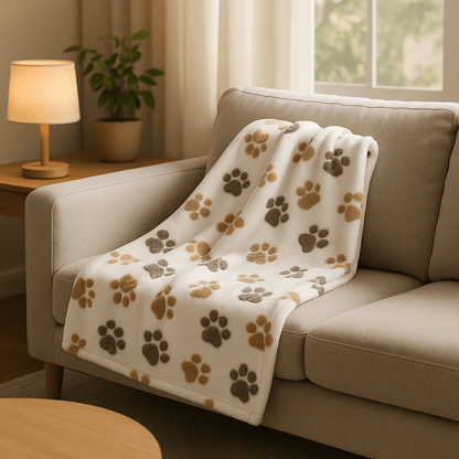 Couverture-pour-chien-design-pattes-de-chien-tissu corail toucher velours ultra-doux-coutures résistante et imperméable-lavable en machine pour chien de toute taille-blanc et marron