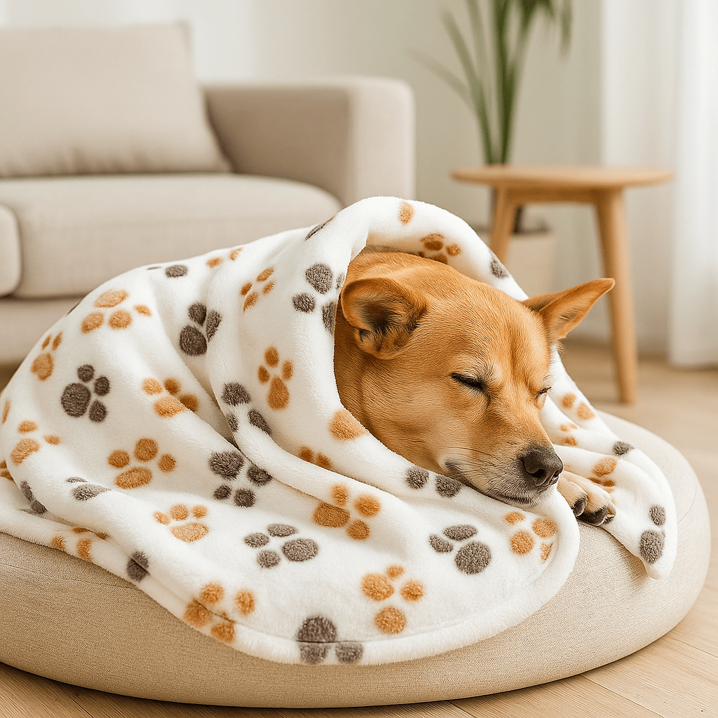 Couverture-pour-chien-design-pattes-de-chien-tissu corail toucher velours ultra-doux-coutures résistante et imperméable-lavable en machine pour chien de toute taille-un chien mignon qui dort enveloppé dans la couverture moelleuse chaude, douce et respirante dans son coussin rond dans le salon