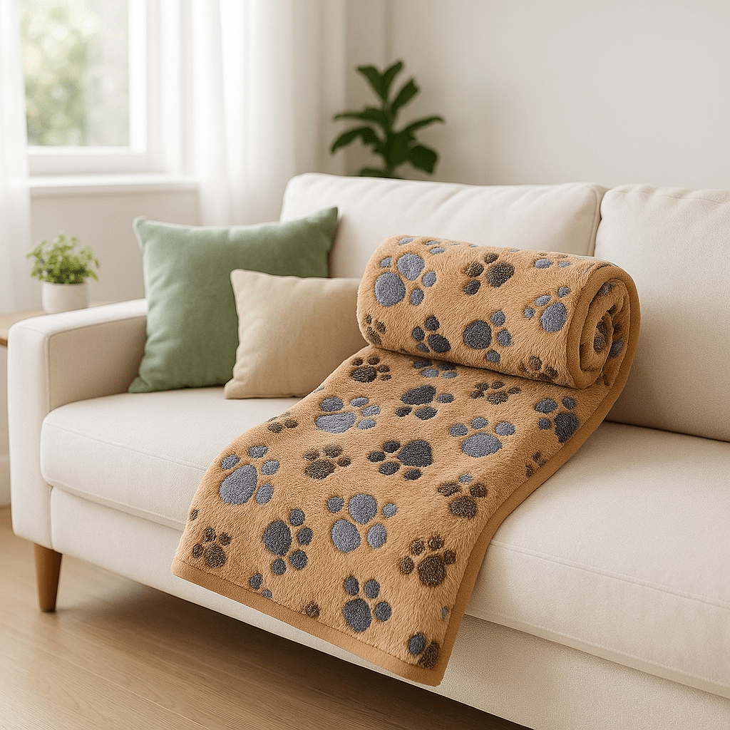 Couverture-pour-chien-design-pattes-de-chien-tissu corail toucher velours ultra-doux-coutures résistante et imperméable-lavable en machine pour chien de toute taille-marron et gris