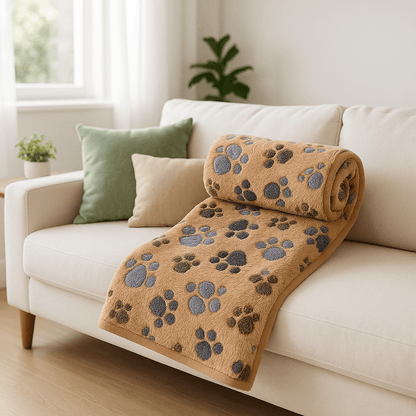 Couverture-pour-chien-design-pattes-de-chien-tissu corail toucher velours ultra-doux-coutures résistante et imperméable-lavable en machine pour chien de toute taille-marron et gris