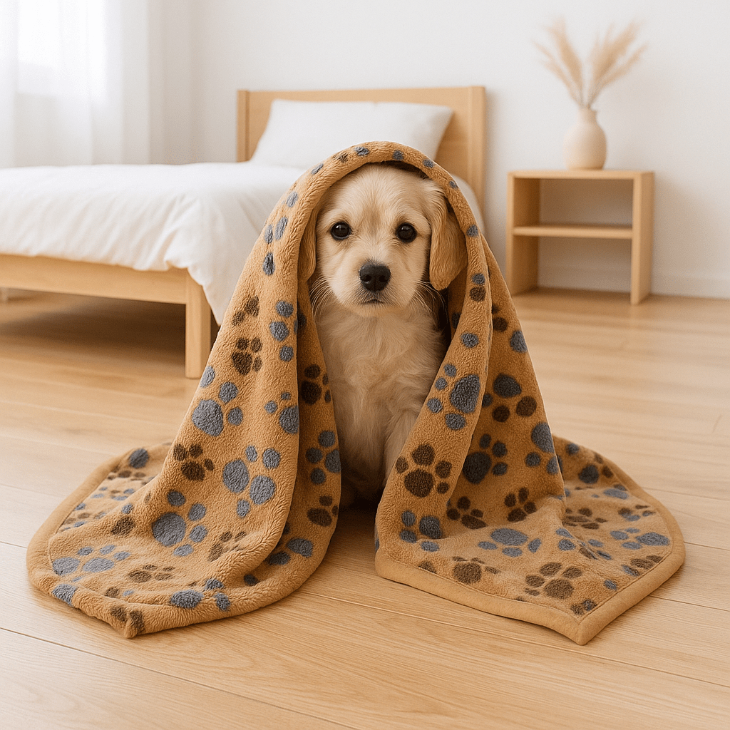 Couverture-pour-chien-design-pattes-de-chien-tissu corail toucher velours ultra-doux-coutures résistante et imperméable-lavable en machine pour chien de toute taille-un chiot assis sous la couverture moelleuse chaude, douce et respirante de couleur marron sur le sol du salon