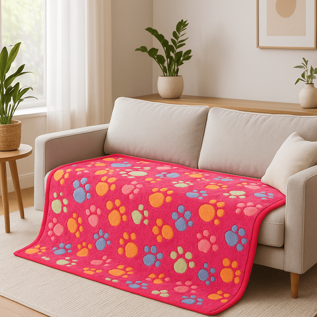 Couverture-pour-chien-design-pattes-de-chien-tissu corail toucher velours ultra-doux-coutures résistante et imperméable-lavable en machine pour chien de toute taille-de couelur rose