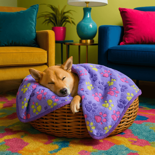 Couverture-pour-chien-design-pattes-de-chien-tissu corail toucher velours ultra-doux-coutures résistante et imperméable-lavable en machine pour chien de toute taille-un chien qui dort dans la couverture moelleuse chaude, douce et respirante de couleur violet dans son panier rond en osier dans le salon design de l'appartement
