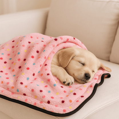 Couverture-pour-chien-chaude-lot de 2 couvertures polaire ultra-douce en coton, 2 tailles : M et L pour toute taille de chien-solide et résistante, polyvalente et lavable en machine-un chiot qui dort paisiblement entouré de sa grande couverture sur le canapé du salon de l'appartement