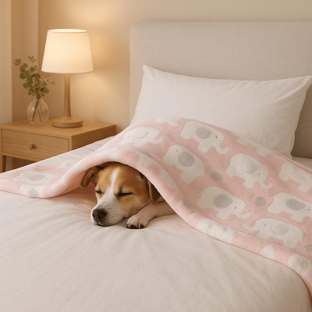 Couverture-pour-chien-anti-poils-douillette-polaire-anti-bouloche-résistante et solide-lavable en machine-disponible en 2 tailles M et L pour chiens de toute taille, disponible en 3 coloris bleu, rose et jaune avec motif mignon d'éléphant-un petit chien qui dort sur le lit au chaud sous sa couverture ultra-douce et hypoallergénique de couleur rose dans la chambre de la maison