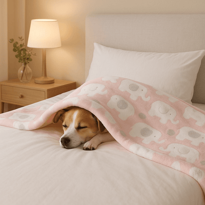 Couverture-pour-chien-anti-poils-douillette-polaire-anti-bouloche-résistante et solide-lavable en machine-disponible en 2 tailles M et L pour chiens de toute taille, disponible en 3 coloris bleu, rose et jaune avec motif mignon d'éléphant-un petit chien qui dort sur le lit au chaud sous sa couverture ultra-douce et hypoallergénique de couleur rose dans la chambre de la maison