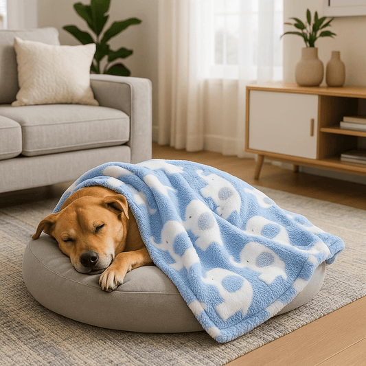 Couverture-pour-chien-anti-poils-douillette-polaire-anti-bouloche-résistante et solide-lavable en machine-disponible en 2 tailles M et L pour chiens de toute taille, disponible en 3 coloris bleu, rose et jaune avec motif mignon d'éléphant-un chien qui dort paisiblement couché dans son coussin rond au chaud sous sa couverture ultra-douce et hypoallergénique de couleur bleue dans le salon de la maison